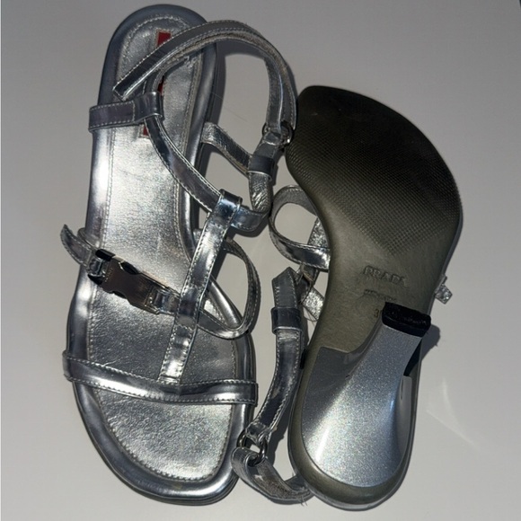 Prada Metallic Silver Strappy Sandal Wedges - Picture 4 of 4